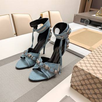 Balenciaga Cagole 9cm Sandals in Washed Denim with Studs Buckle Light Blue 2024 (MD-240321124)