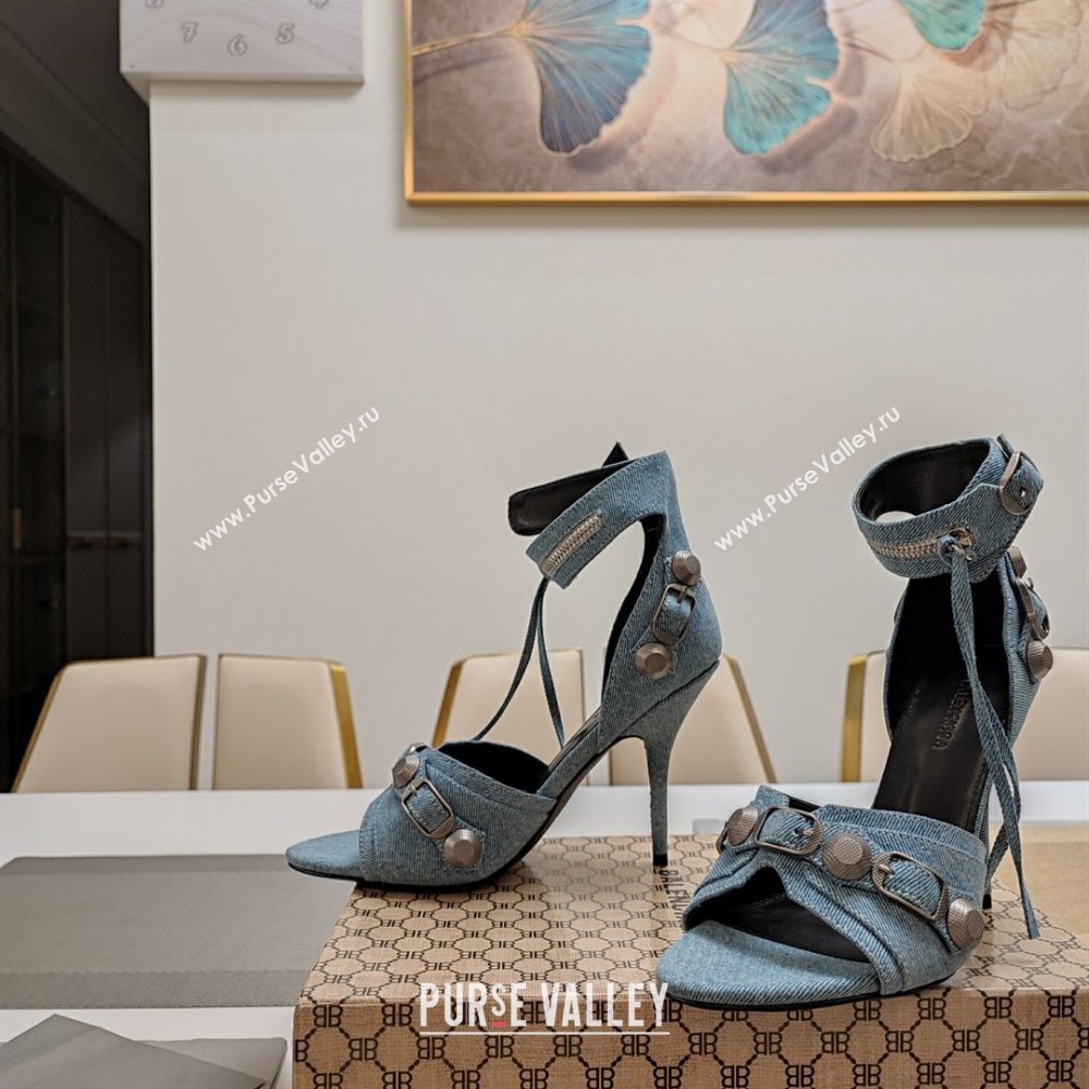 Balenciaga Cagole 9cm Sandals in Washed Denim with Studs Buckle Light Blue 2024 (MD-240321124)