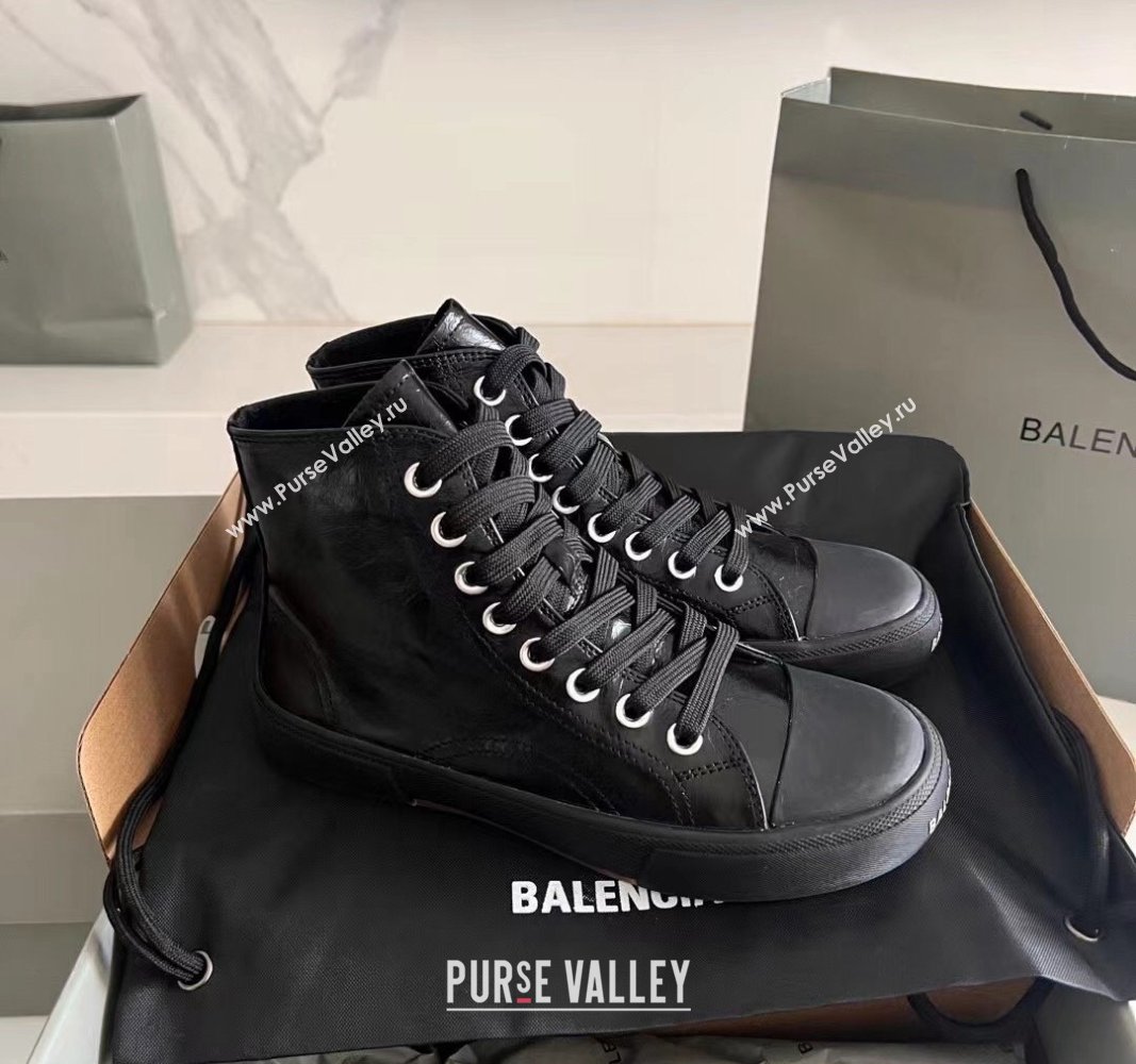 Balenciaga Paris Black Calfskin Leather High-Top Sneakers 2024 0531 (KL-240531129)