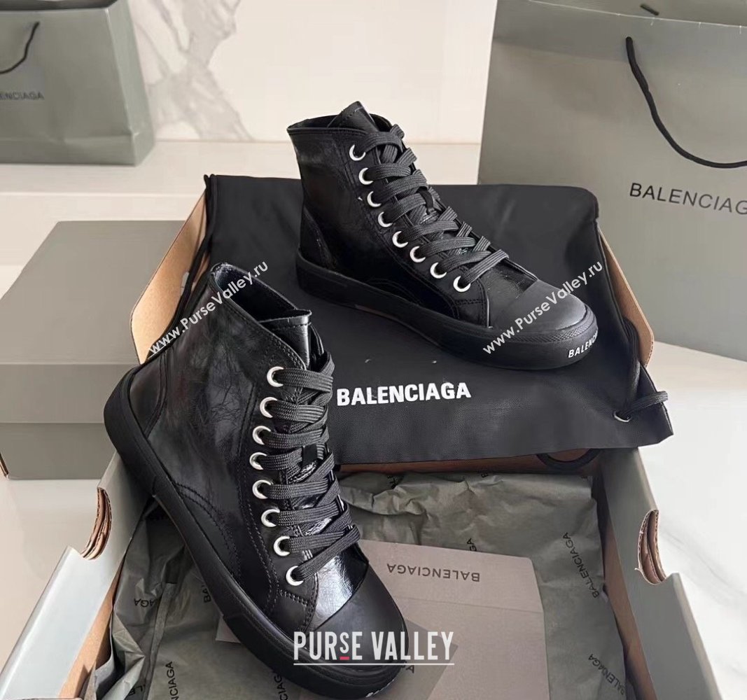 Balenciaga Paris Black Calfskin Leather High-Top Sneakers 2024 0531 (KL-240531129)