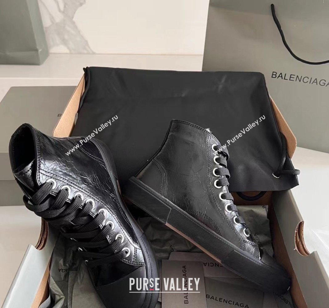 Balenciaga Paris Black Calfskin Leather High-Top Sneakers 2024 0531 (KL-240531129)