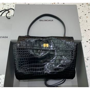 Balenciaga Rodeo Medium Handbag in black crocodile embossed calfskin, aged-gold hardware 2024 78972 (JM-240826021)