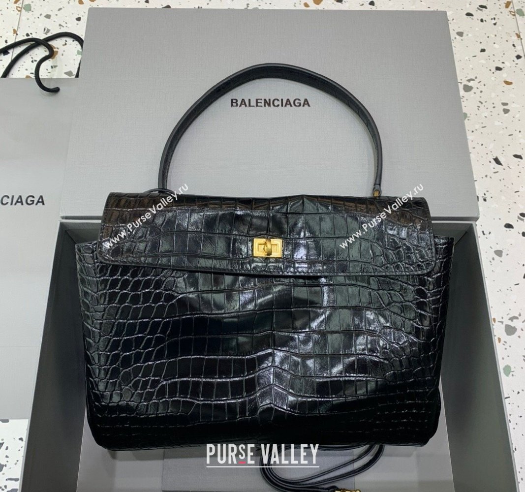 Balenciaga Rodeo Medium Handbag in black crocodile embossed calfskin, aged-gold hardware 2024 78972 (JM-240826021)