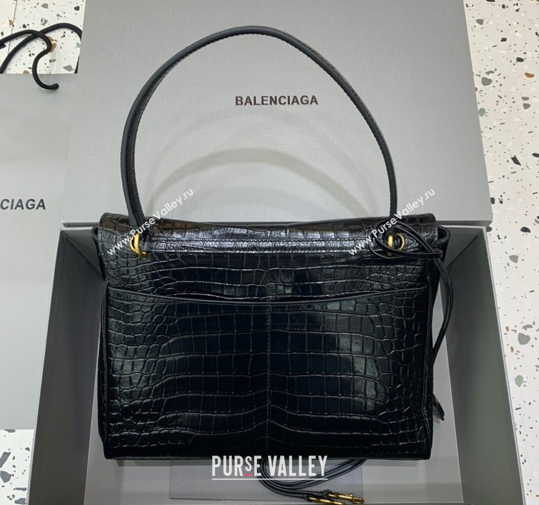 Balenciaga Rodeo Medium Handbag in black crocodile embossed calfskin, aged-gold hardware 2024 78972 (JM-240826021)