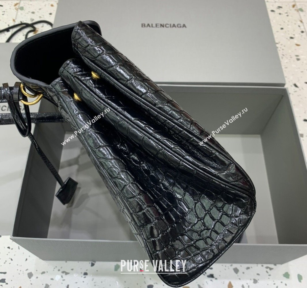 Balenciaga Rodeo Medium Handbag in black crocodile embossed calfskin, aged-gold hardware 2024 78972 (JM-240826021)