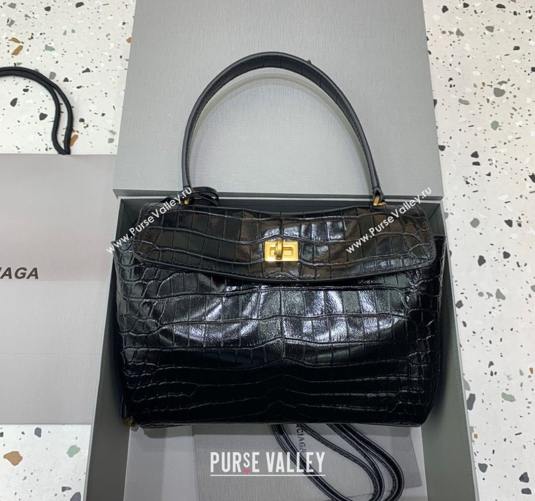 Balenciaga Rodeo Small Handbag in black crocodile embossed calfskin, aged-gold hardware 2024 78972 (JM-240826022)