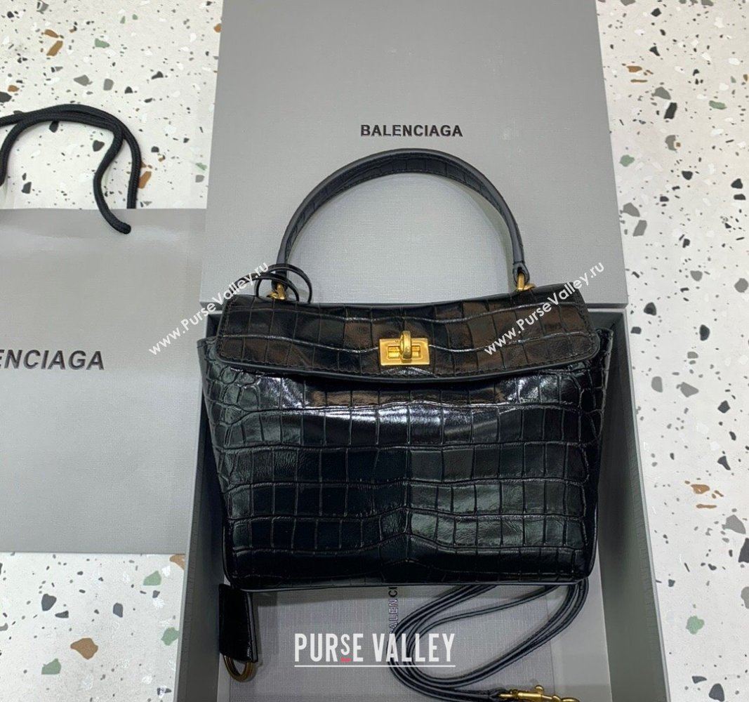 Balenciaga Rodeo Mini Handbag in black crocodile embossed calfskin, aged-gold hardware 2024 78972 (JM-240826023)