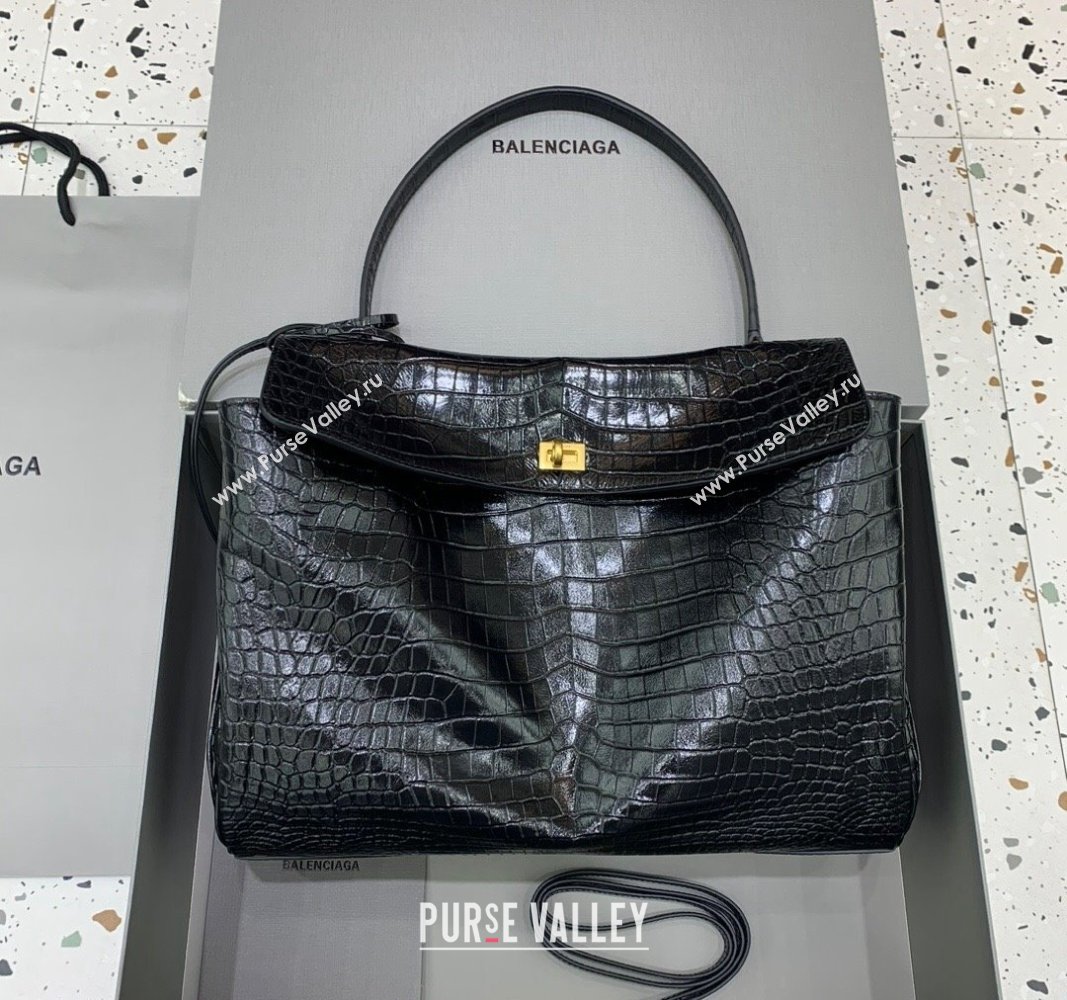 Balenciaga Rodeo Large Handbag in black crocodile embossed calfskin, aged-gold hardware 2024 78972 (JM-240826020)