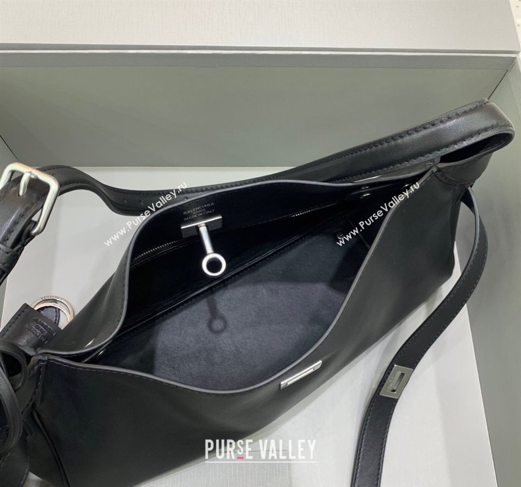 Balenciaga Bel Air Small Hobo Shoulder Bag in black smooth calfskin, aged-silver hardware 2025 (JM-250408085)