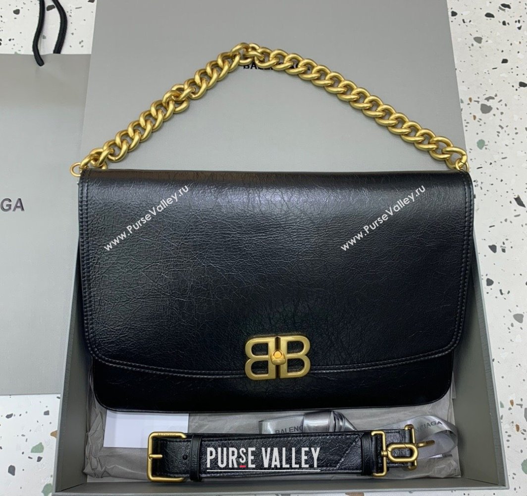 Balenciaga BB Soft Large Flap Bag in black peach calfskin, aged-gold hardware 2025 (JM-250408087)