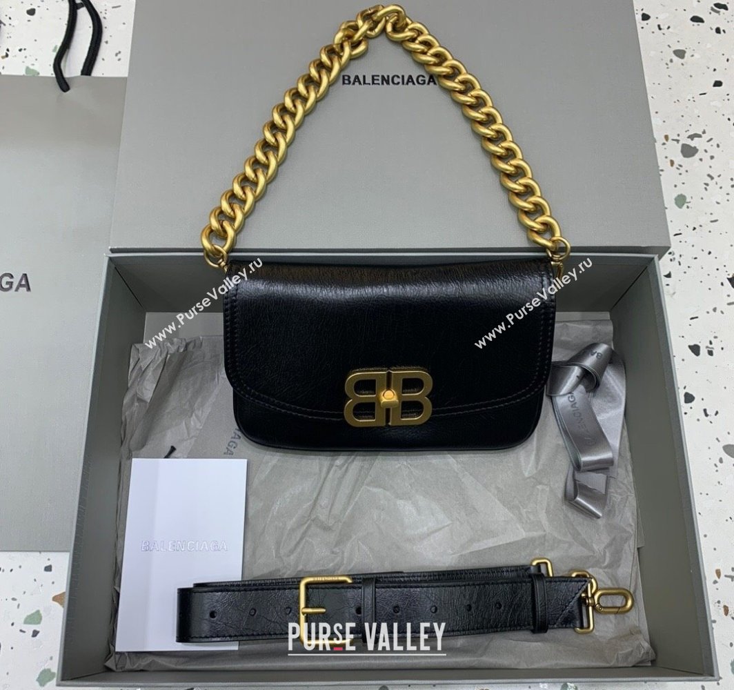 Balenciaga BB Soft Small Flap Bag in black peach calfskin, aged-gold hardware 2025 (JM-250408086)