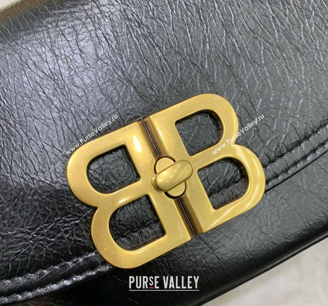 Balenciaga BB Soft Small Flap Bag in black peach calfskin, aged-gold hardware 2025 (JM-250408086)