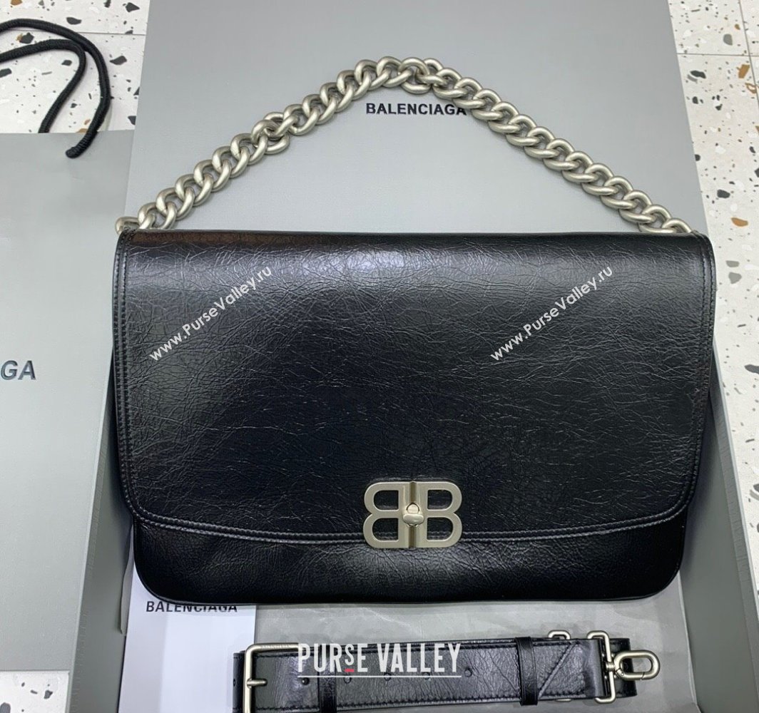 Balenciaga BB Soft Large Flap Bag in black peach calfskin, aged-silver hardware 2025 (JM-250408090)