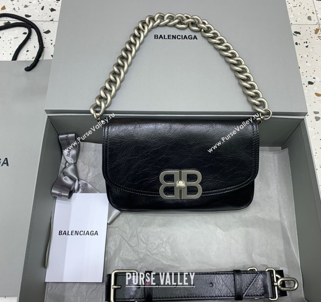 Balenciaga BB Soft Small Flap Bag in black peach calfskin, aged-silver hardware 2025 (JM-250408091)