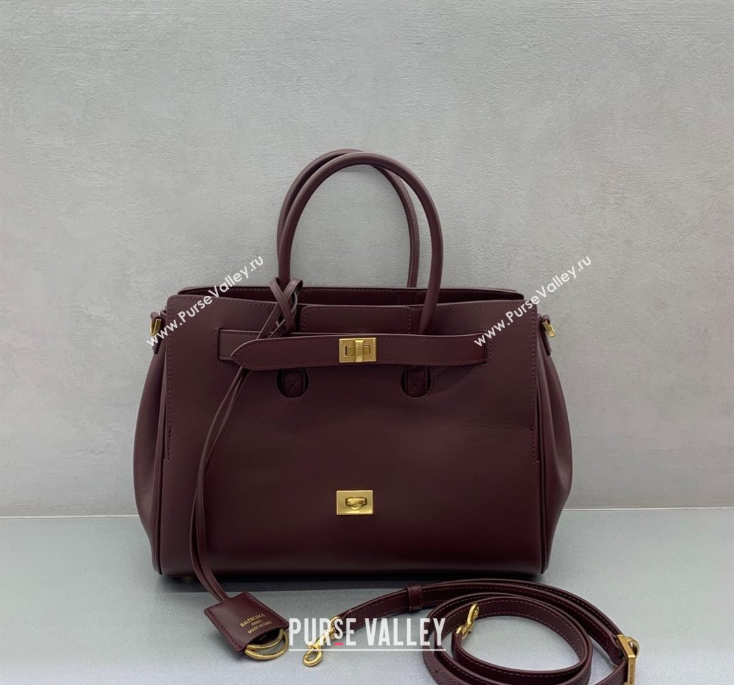 Balenciaga Bel Air Small Carry All Bag in dark burgundy smooth calfskin, aged-gold hardware 2025 (JM-250408096)