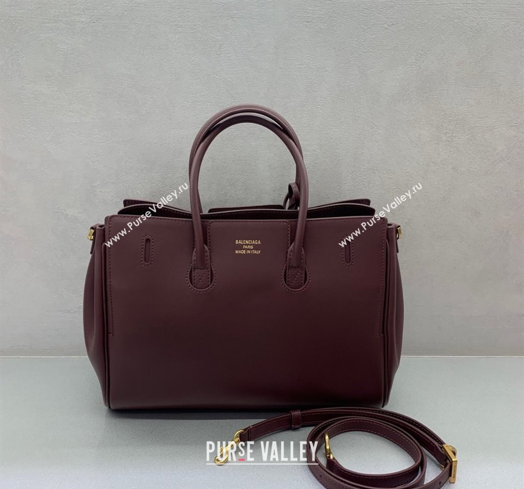 Balenciaga Bel Air Small Carry All Bag in dark burgundy smooth calfskin, aged-gold hardware 2025 (JM-250408096)