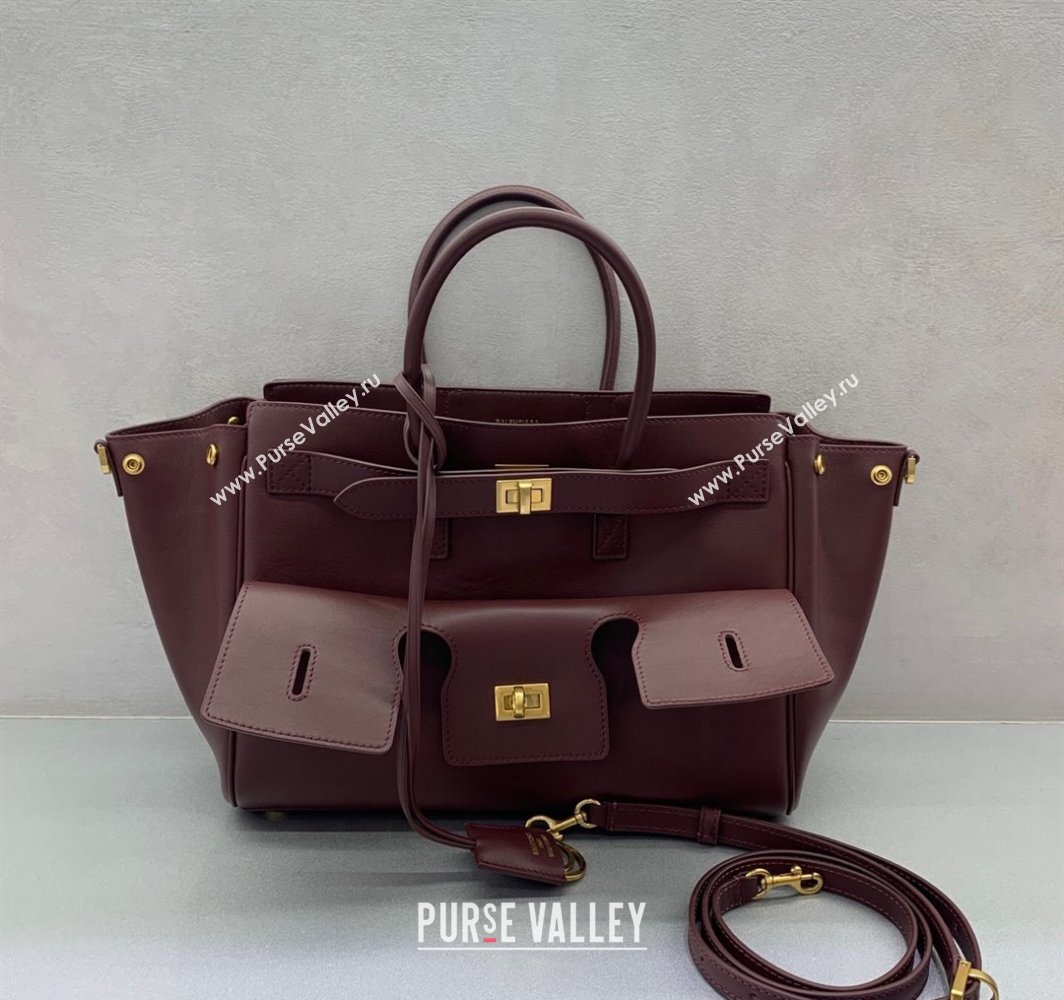 Balenciaga Bel Air Small Carry All Bag in dark burgundy smooth calfskin, aged-gold hardware 2025 (JM-250408096)
