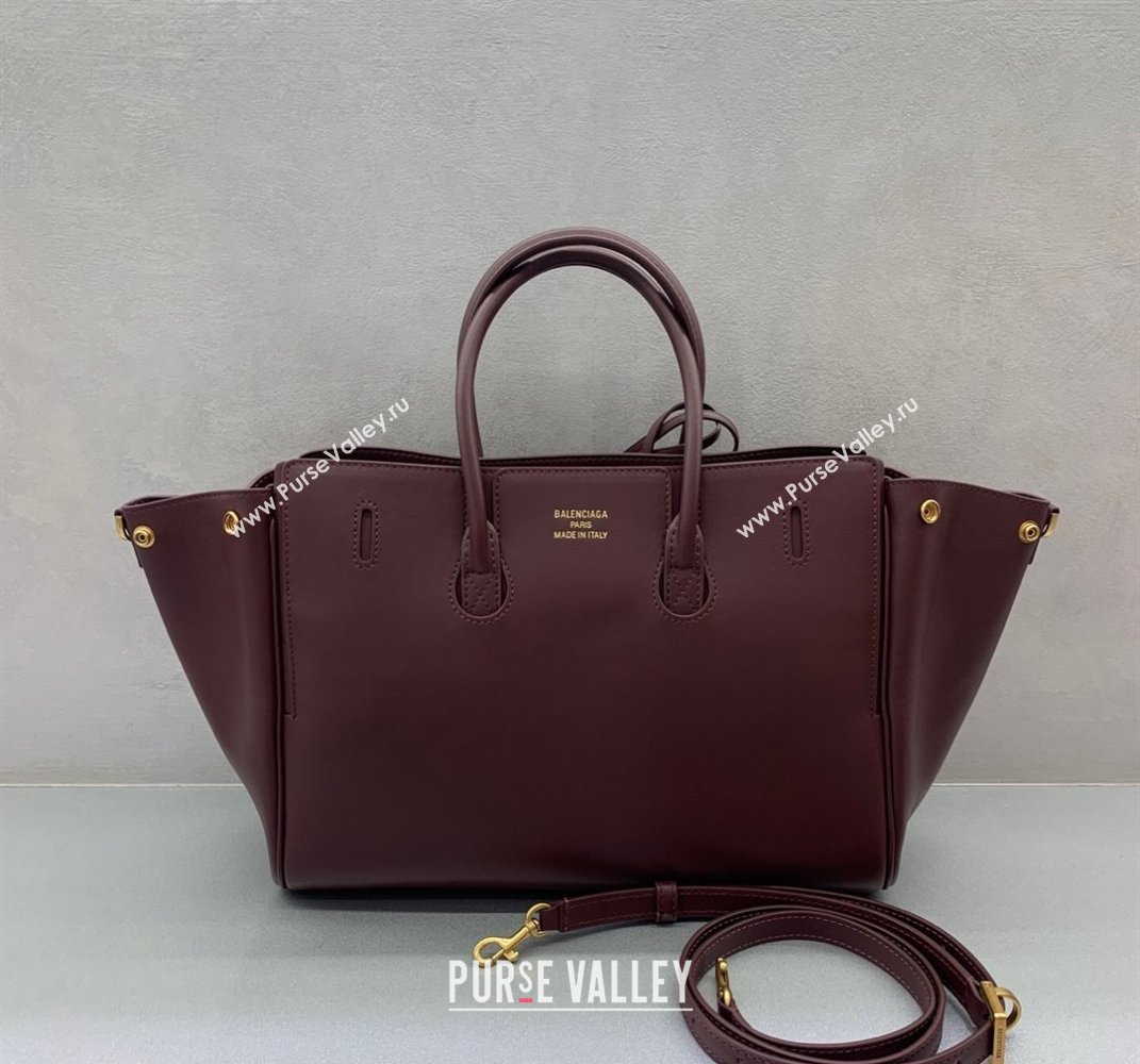Balenciaga Bel Air Small Carry All Bag in dark burgundy smooth calfskin, aged-gold hardware 2025 (JM-250408096)
