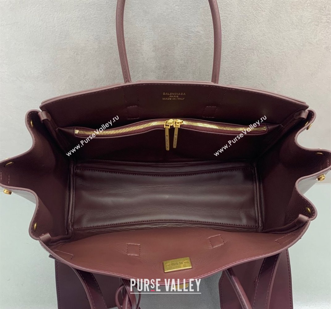 Balenciaga Bel Air Small Carry All Bag in dark burgundy smooth calfskin, aged-gold hardware 2025 (JM-250408096)