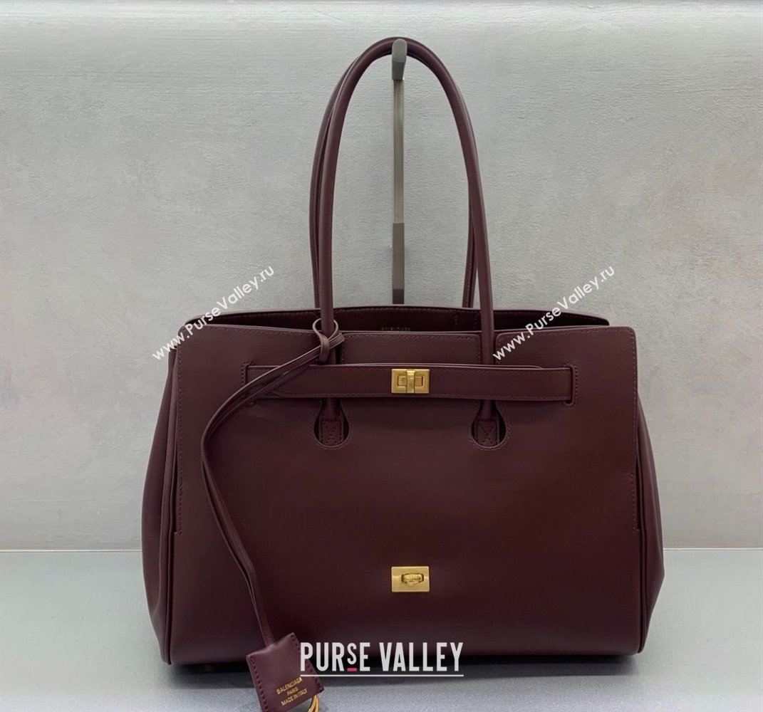 Balenciaga Bel Air Medium Carry All Bag in dark burgundy smooth calfskin, aged-gold hardware 2025 (JM-250408097)