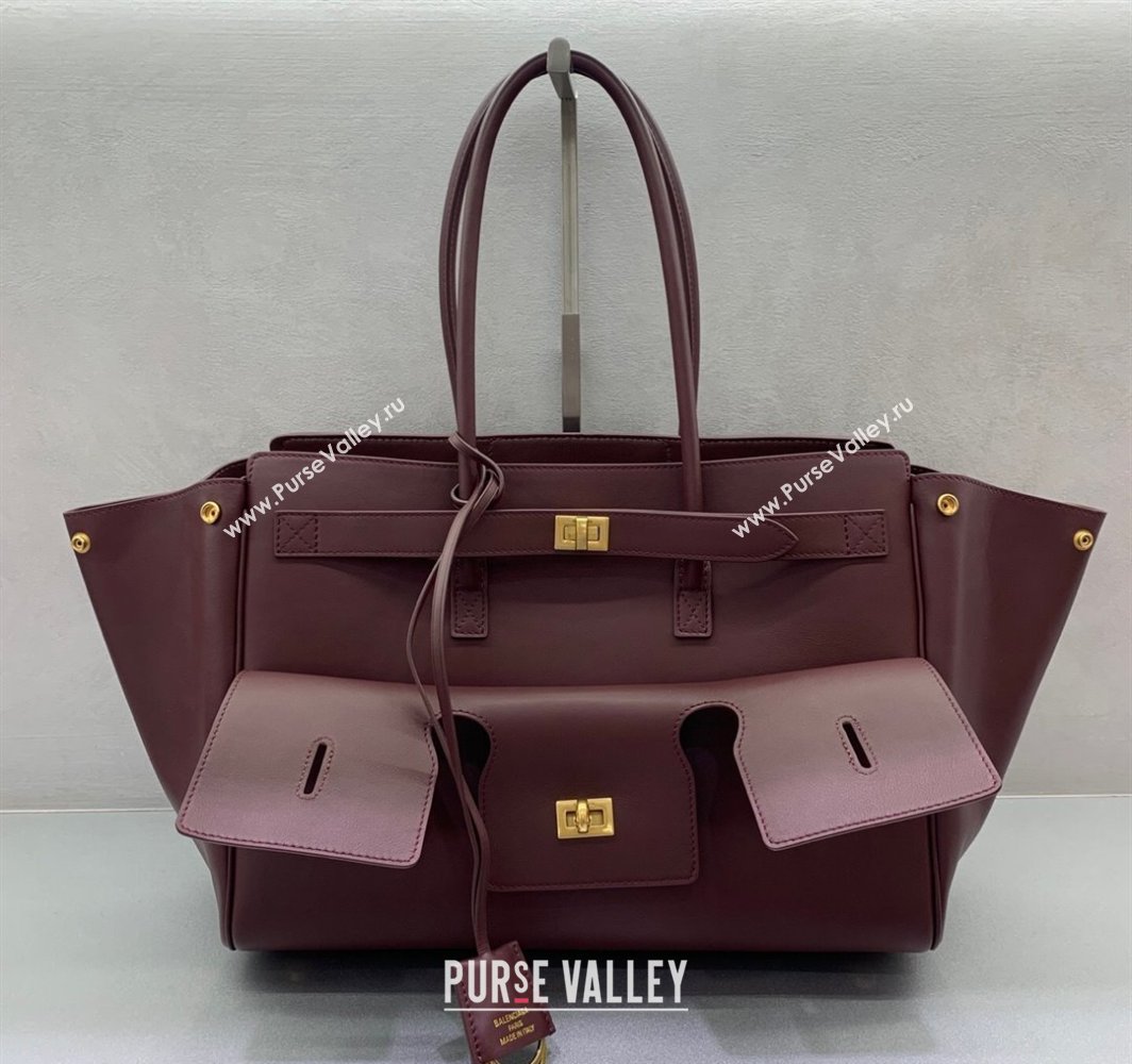 Balenciaga Bel Air Medium Carry All Bag in dark burgundy smooth calfskin, aged-gold hardware 2025 (JM-250408097)
