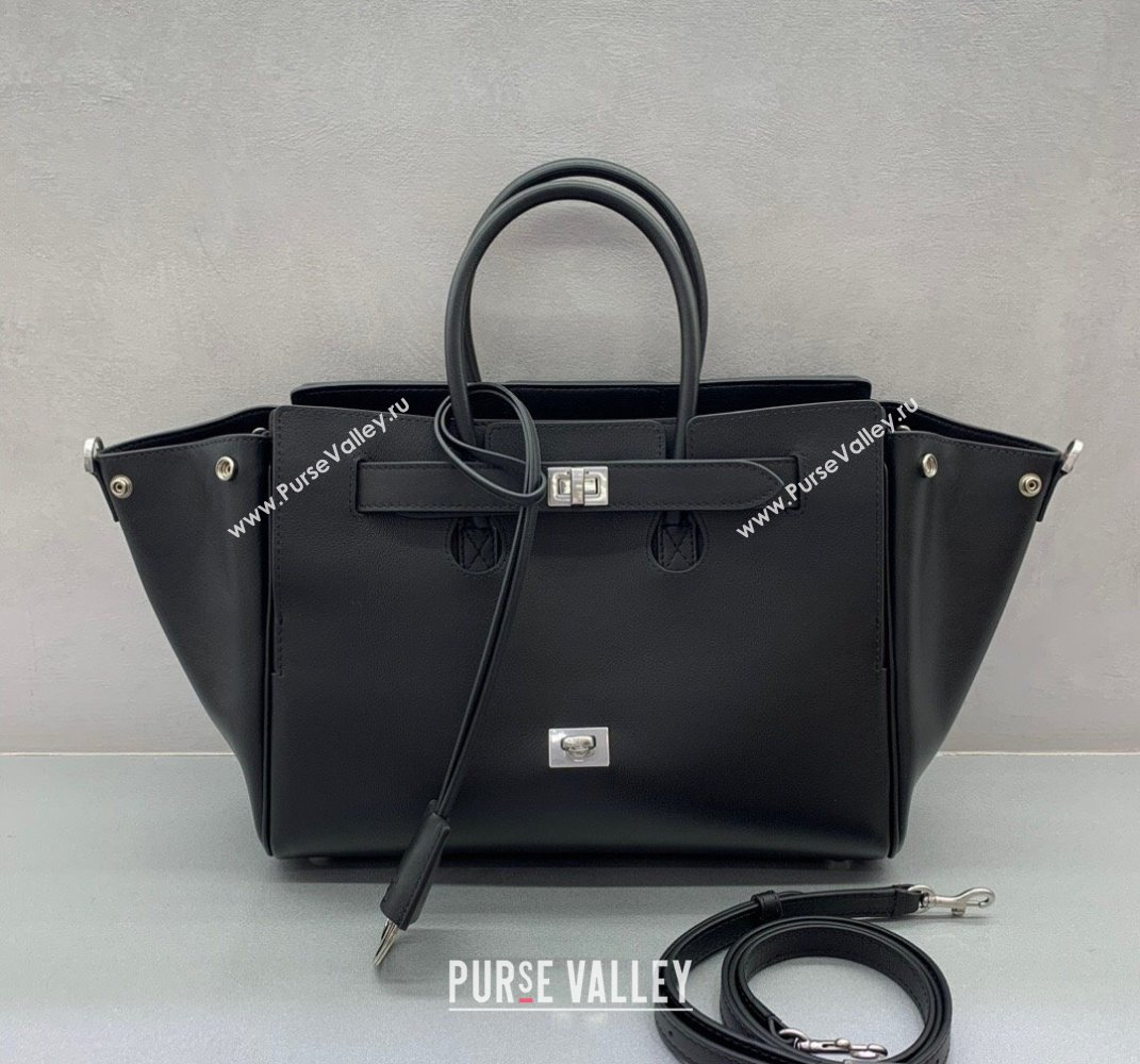 Balenciaga Bel Air Small Carry All Bag in black smooth calfskin, aged-silver hardware 2025 (JM-250408098)