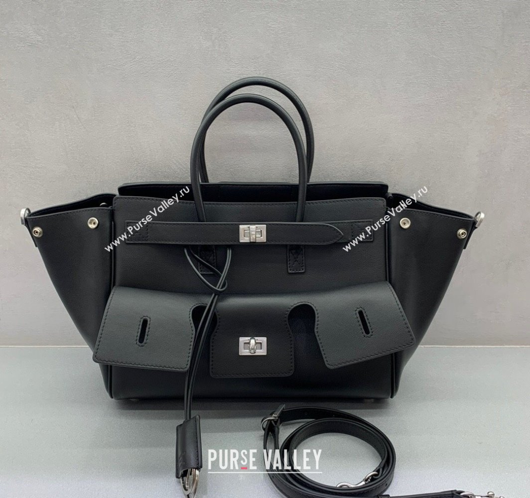 Balenciaga Bel Air Small Carry All Bag in black smooth calfskin, aged-silver hardware 2025 (JM-250408098)