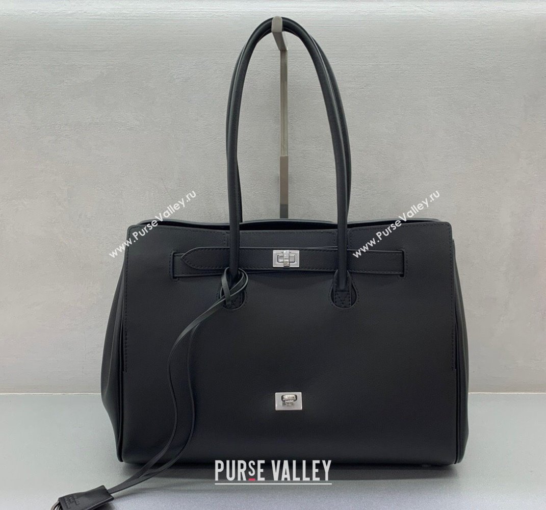 Balenciaga Bel Air Medium Carry All Bag in black smooth calfskin, aged-silver hardware 2025 (JM-250408099)