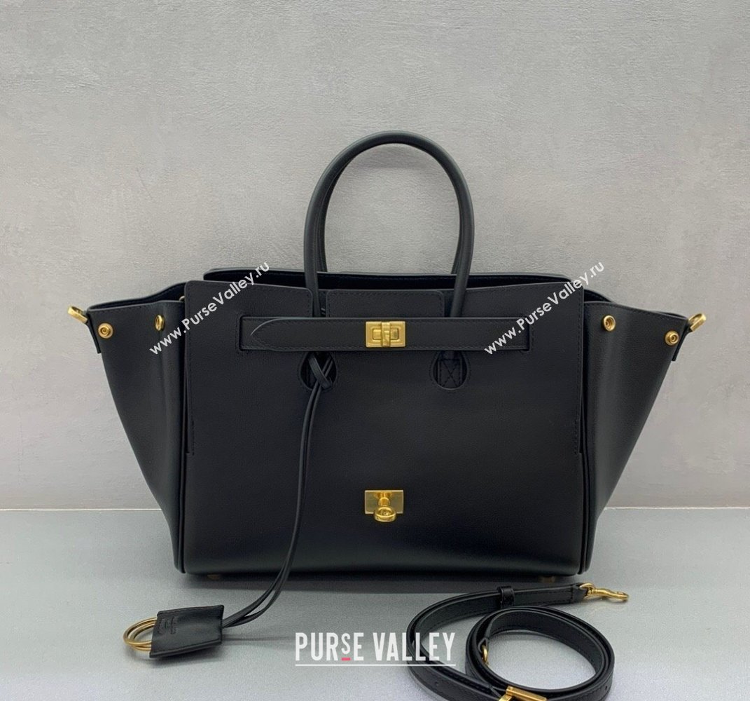 Balenciaga Bel Air Small Carry All Bag in black smooth calfskin, aged-gold hardware 2025 (JM-250408100)