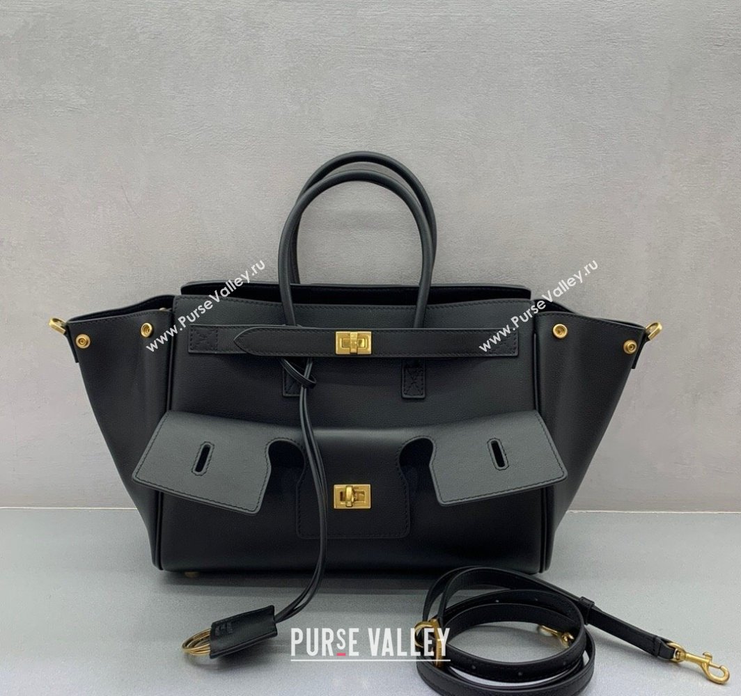 Balenciaga Bel Air Small Carry All Bag in black smooth calfskin, aged-gold hardware 2025 (JM-250408100)