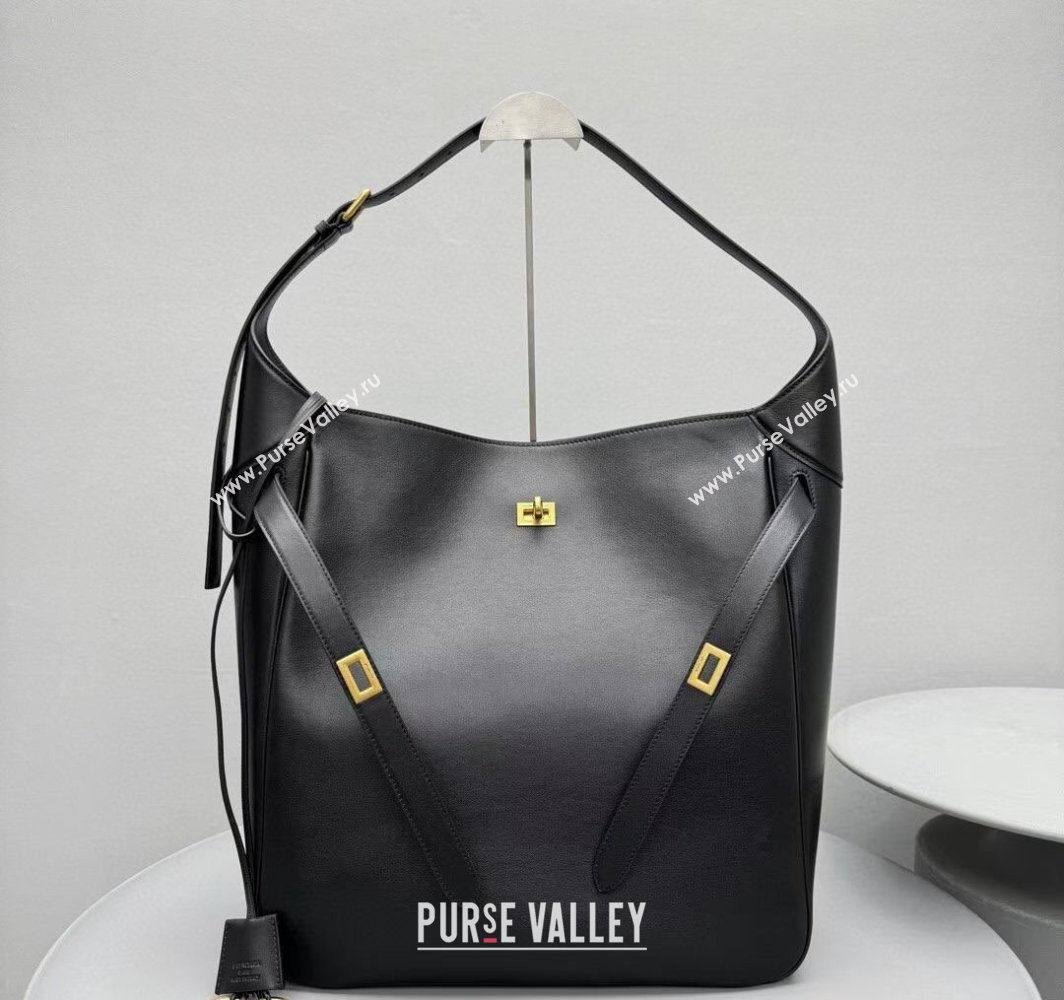 Balenciaga Bel Air Large Hobo Bag in black smooth calfskin, aged-gold hardware 2025 (JM-250408081)
