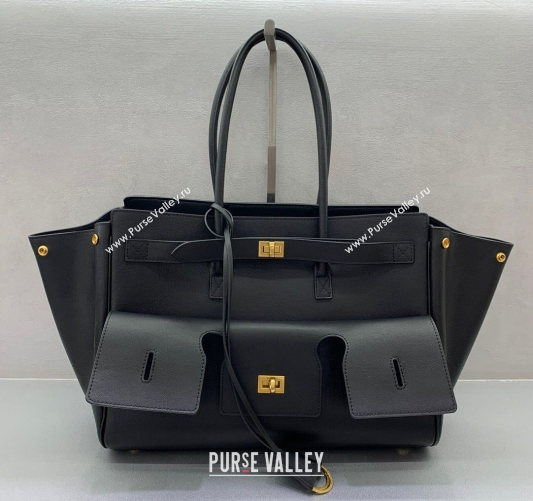 Balenciaga Bel Air Medium Carry All Bag in black smooth calfskin, aged-gold hardware 2025 (JM-250408101)