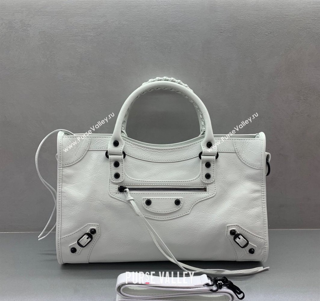 Balenciaga Le City Medium Bag in optic white Arena Storico lambskin, black hardware 2025 (JM-250409004)
