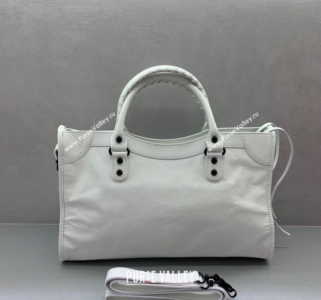 Balenciaga Le City Medium Bag in optic white Arena Storico lambskin, black hardware 2025 (JM-250409004)