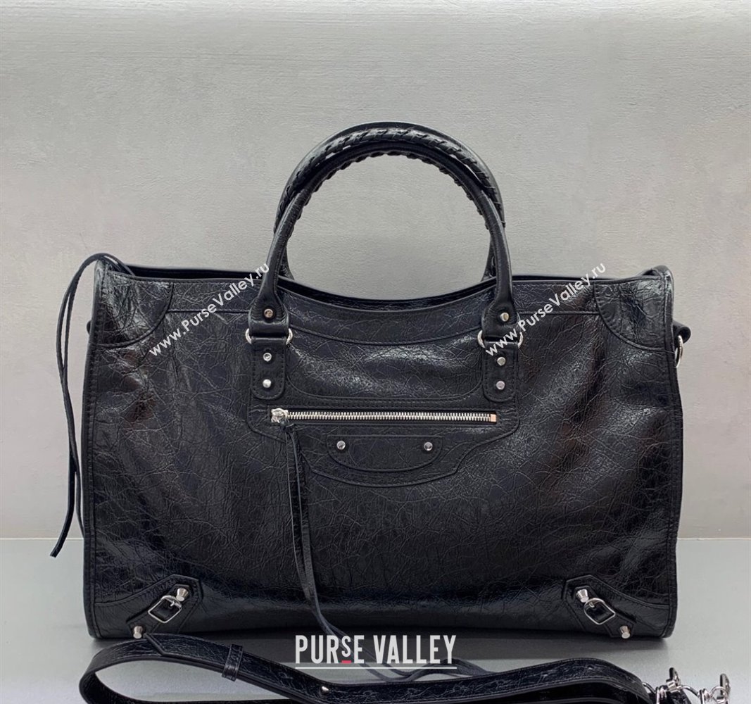 Balenciaga Le City Large Bag in Black Arena Storico lambskin, shiny silver hardware 2025 (JM-250409011)