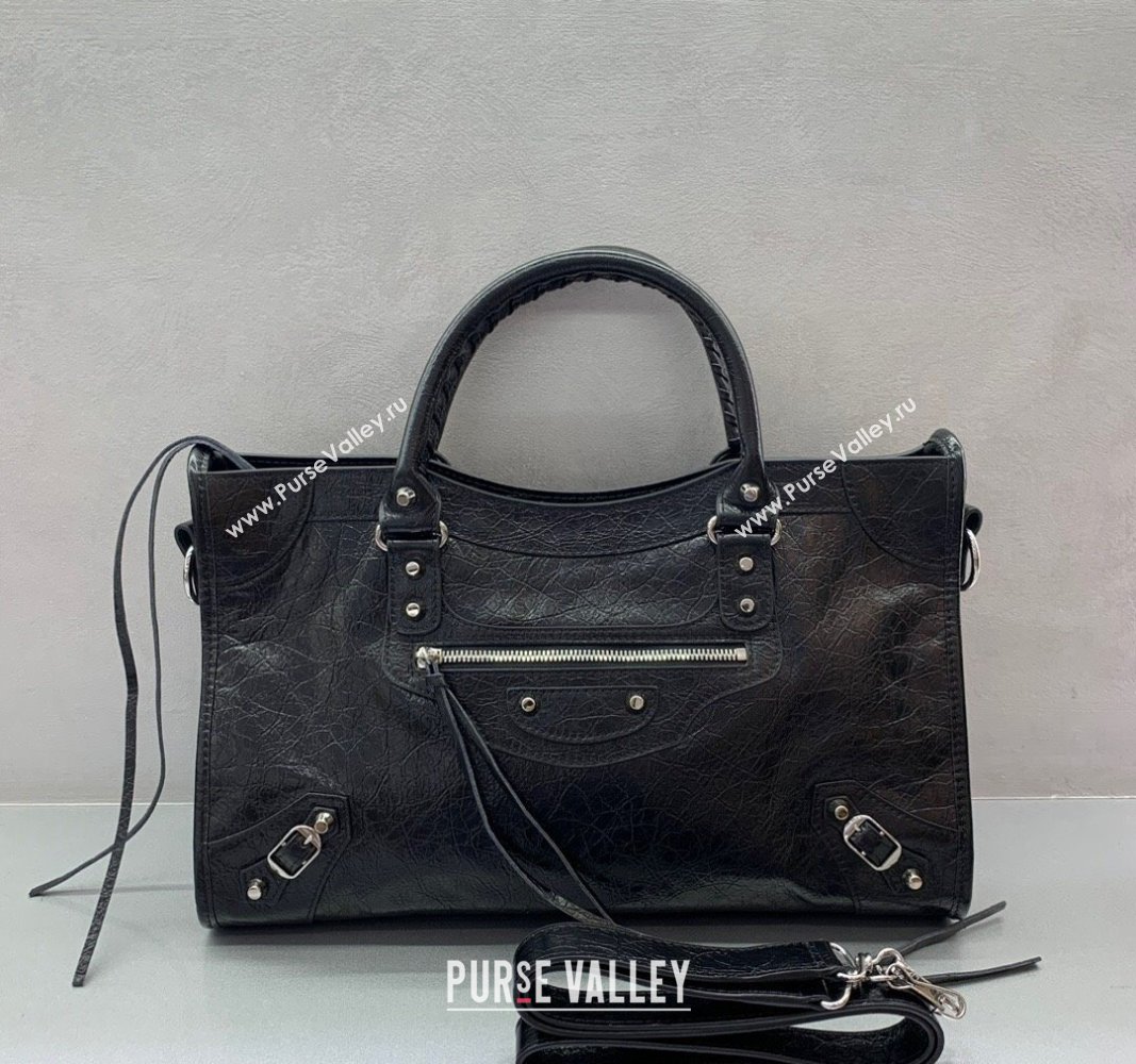 Balenciaga Le City Medium Bag in Black Arena Storico lambskin, shiny silver hardware 2025 (JM-250409012)