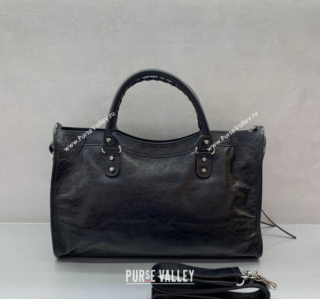Balenciaga Le City Medium Bag in Black Arena Storico lambskin, shiny silver hardware 2025 (JM-250409012)