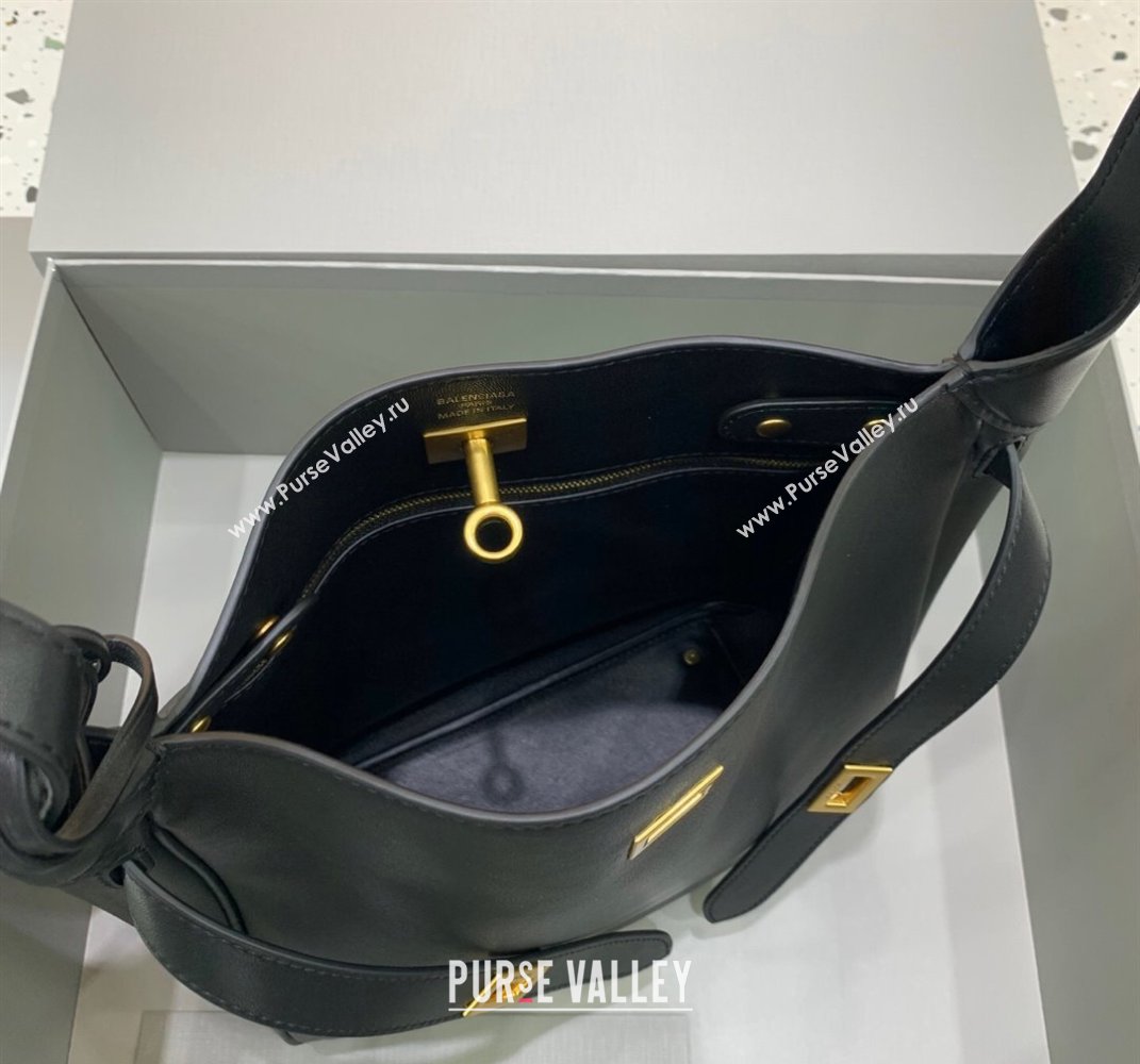Balenciaga Bel Air Small Hobo Bag in black smooth calfskin, aged-gold hardware 2025 (JM-250408078)