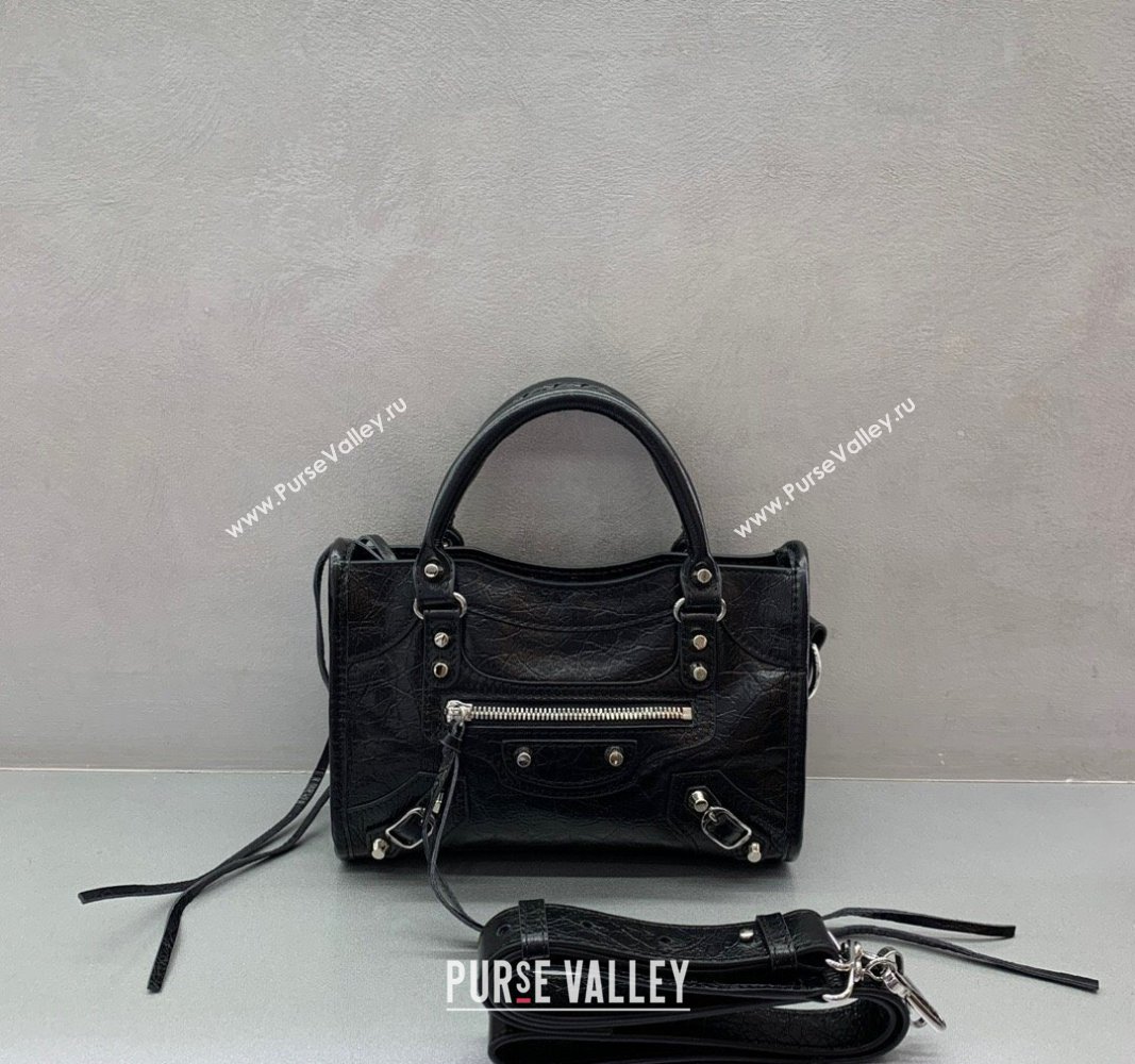 Balenciaga Le City Mini Bag in Black Arena Storico lambskin, shiny silver hardware 2025 (JM-250409014)
