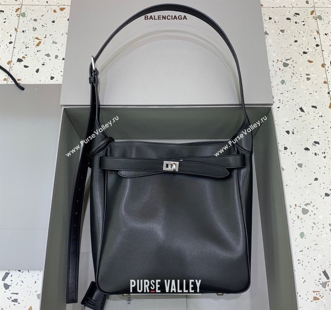 Balenciaga Bel Air Small Hobo Bag in black smooth calfskin, aged-silver hardware 2025 (JM-250408079)