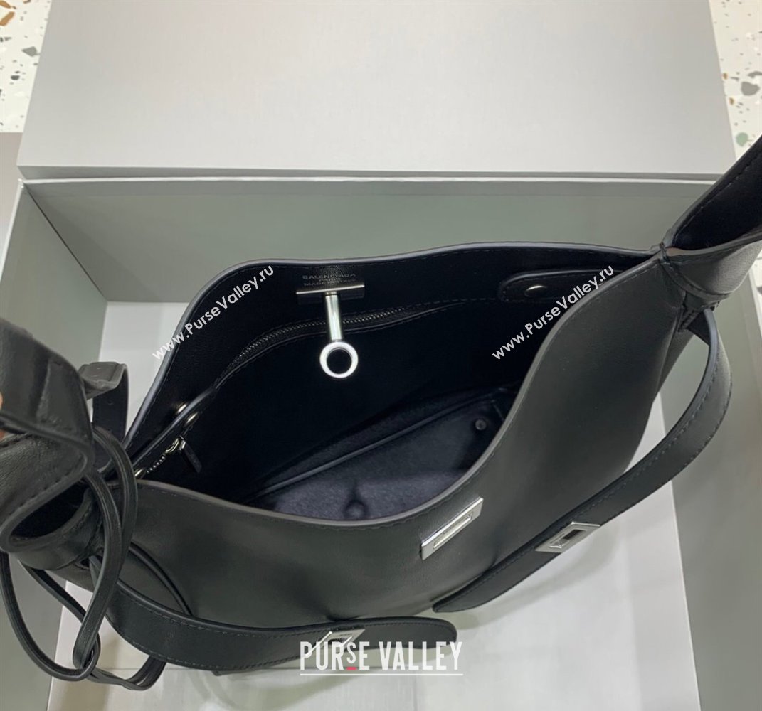Balenciaga Bel Air Small Hobo Bag in black smooth calfskin, aged-silver hardware 2025 (JM-250408079)