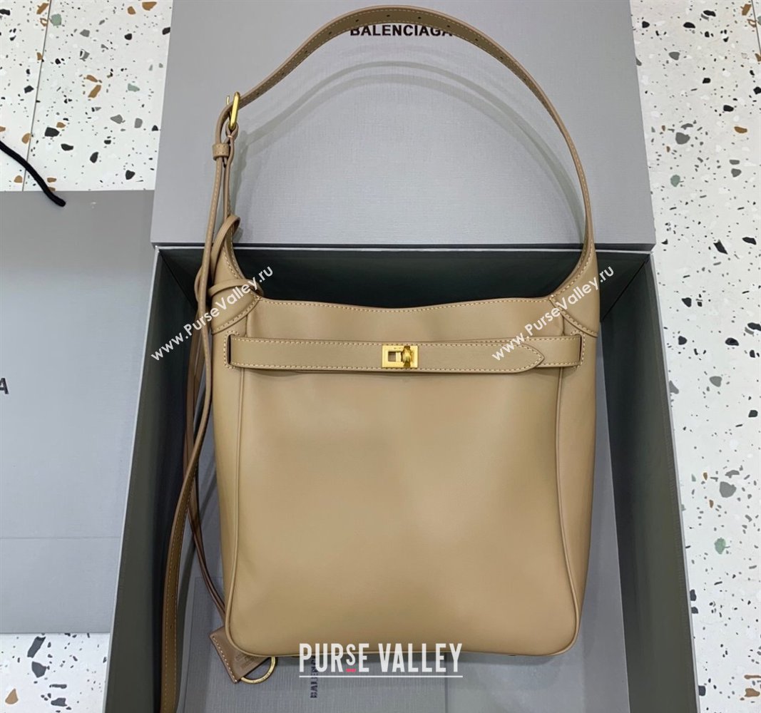 Balenciaga Bel Air Small Hobo Bag in latte beige smooth calfskin, aged-gold hardware 2025 (JM-250408080)