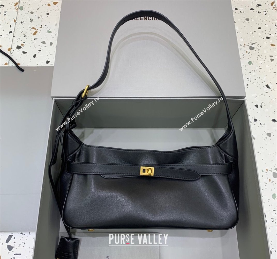 Balenciaga Bel Air Small Hobo Shoulder Bag in black smooth calfskin, aged-gold hardware 2025 (JM-250408084)
