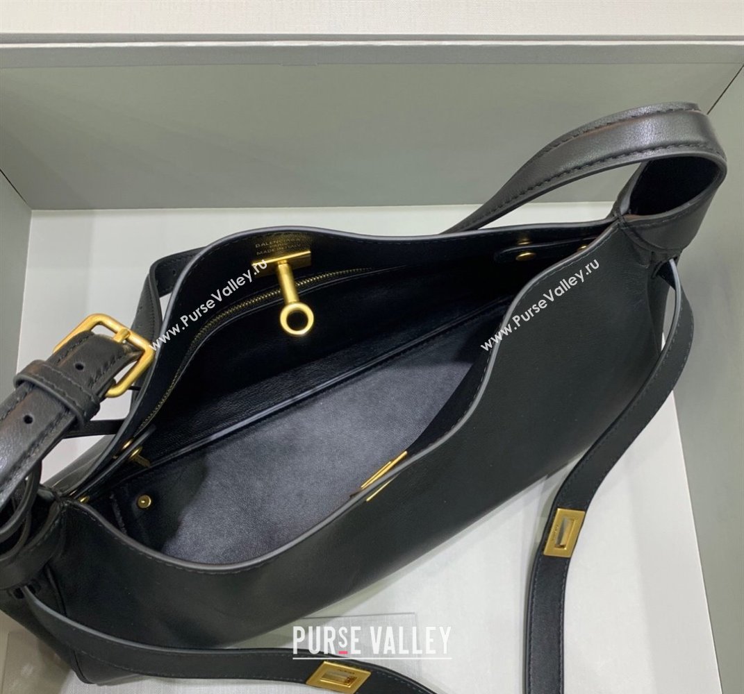 Balenciaga Bel Air Small Hobo Shoulder Bag in black smooth calfskin, aged-gold hardware 2025 (JM-250408084)