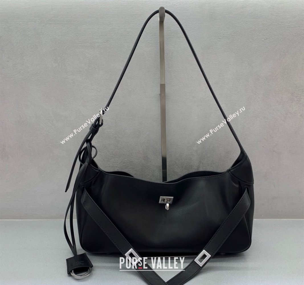 Balenciaga Bel Air Small Hobo Shoulder Bag in black smooth calfskin, aged-silver hardware 2025 (JM-250408085)
