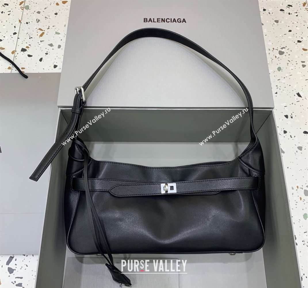 Balenciaga Bel Air Small Hobo Shoulder Bag in black smooth calfskin, aged-silver hardware 2025 (JM-250408085)