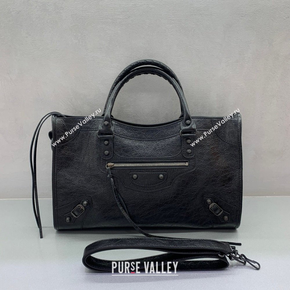 Balenciaga Le City Medium Bag in Black Arena Storico lambskin, brass hardware 2025 (JM-250409015)