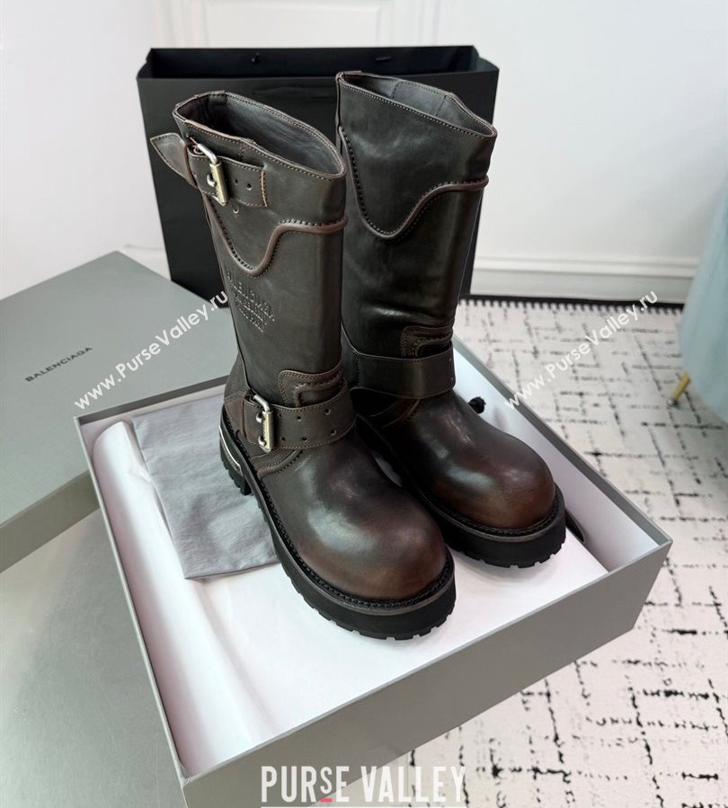 Balenciaga Venom Short Boots in Calfskin with Buckle Strap Brown 2025 (KER-250708115)