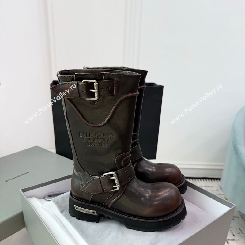 Balenciaga Venom Short Boots in Calfskin with Buckle Strap Brown 2025 (KER-250708115)