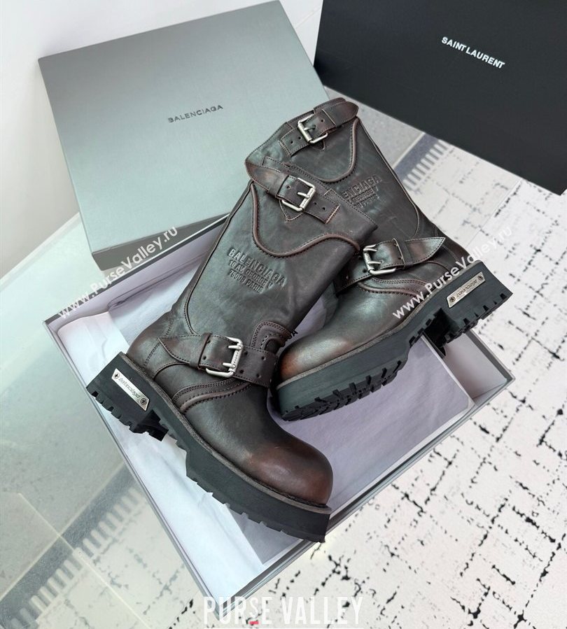 Balenciaga Venom Short Boots in Calfskin with Buckle Strap Brown 2025 (KER-250708115)